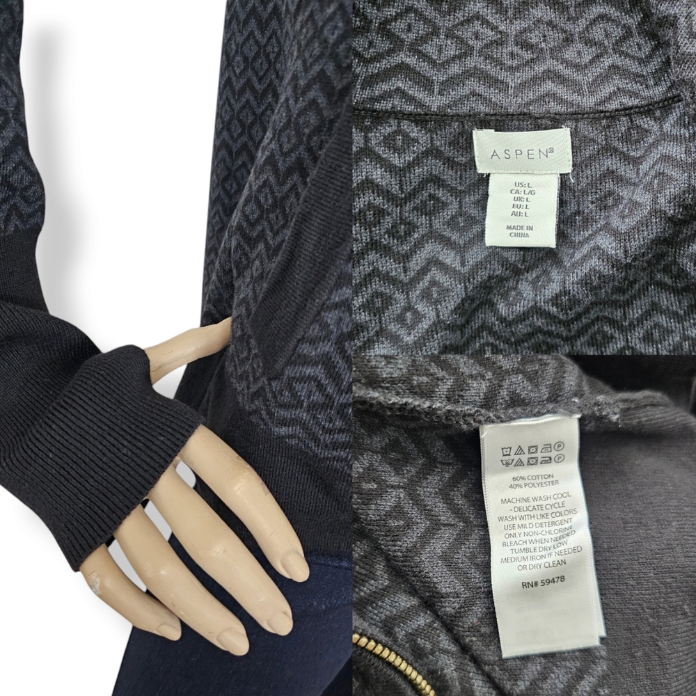 Aspen Black & Gray Geometric Print Zip-Up Sweater With Thumbholes Size Large - Picture 7 of 8